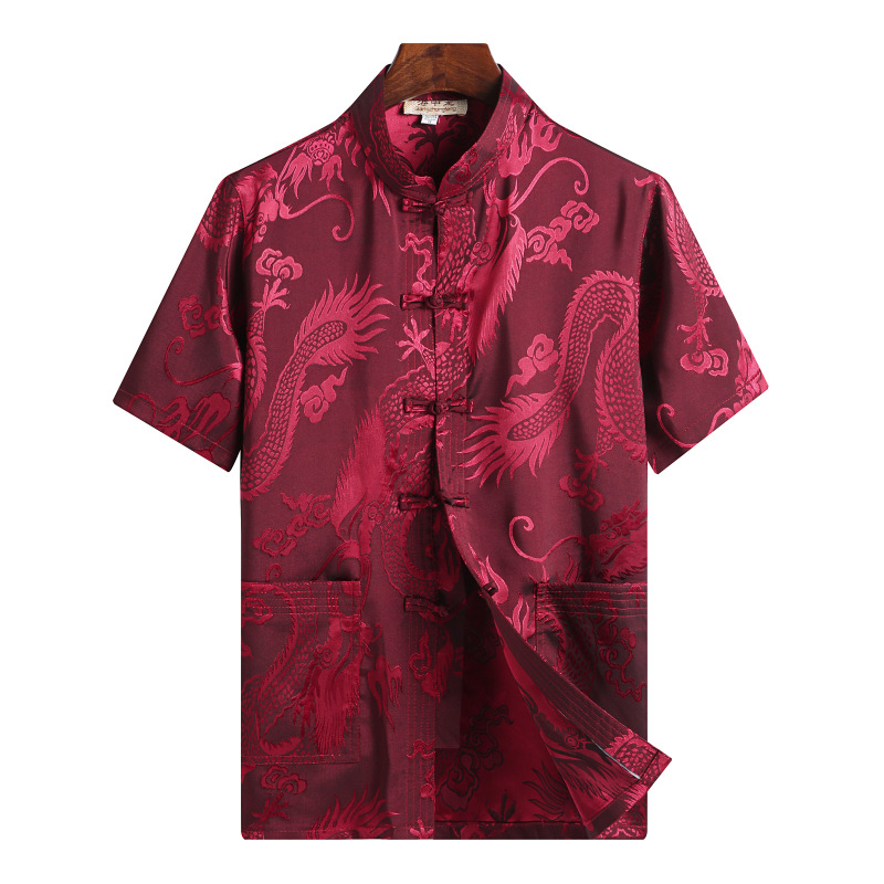 夏季國風唐裝男士提花中式盤扣短袖襯衣