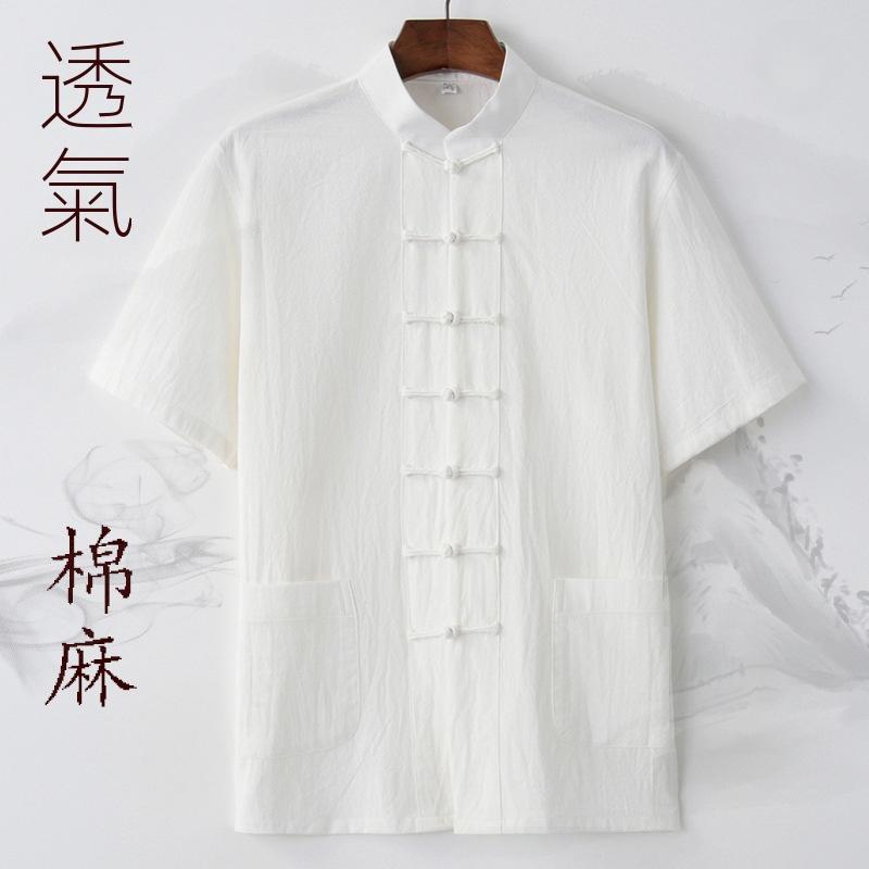 夏季薄款棉麻男士短袖襯衫上衣中式漢服盤扣半袖居士服